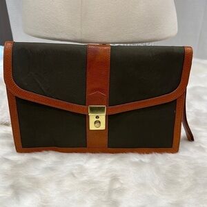 Interesting green and brown, trimmed in leather clutch/wristlet with Lock no key